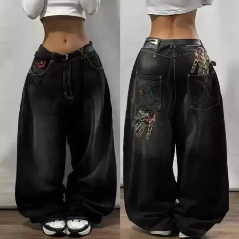New American Trend Vintage Hip Hop Letter Embroidery Pattern Baggy Jeans Men And Women Y2K Harajuku Gothic Wide Pants Streetwear SS69