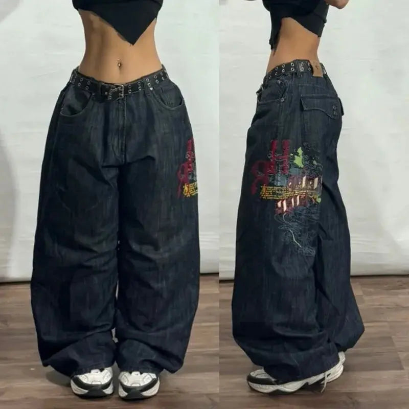 New American Trend Vintage Hip Hop Letter Embroidery Pattern Baggy Jeans Men And Women Y2K Harajuku Gothic Wide Pants Streetwear SS69 49.69 1 10 / L