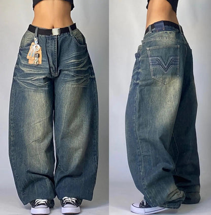 New American Trend Vintage Hip Hop Letter Embroidery Pattern Baggy Jeans Men And Women Y2K Harajuku Gothic Wide Pants Streetwear SS69 44.69 1 7 / L