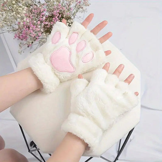 New Autumn And Winter Thickened Plush Warm Half Finger Gloves, Cat Claw Plush Gloves, Autumn And Winter Soft And Comfortable Cold Resistant Gloves SS69 7.69 White