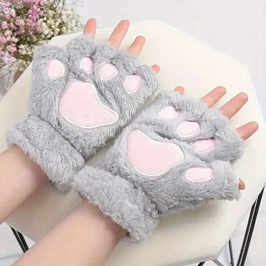 New Autumn And Winter Thickened Plush Warm Half Finger Gloves, Cat Claw Plush Gloves, Autumn And Winter Soft And Comfortable Cold Resistant Gloves SS69 8.69 Grey
