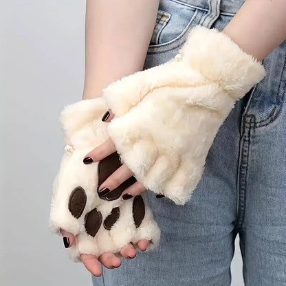 New Autumn And Winter Thickened Plush Warm Half Finger Gloves, Cat Claw Plush Gloves, Autumn And Winter Soft And Comfortable Cold Resistant Gloves SS69 7.69 Beige Color