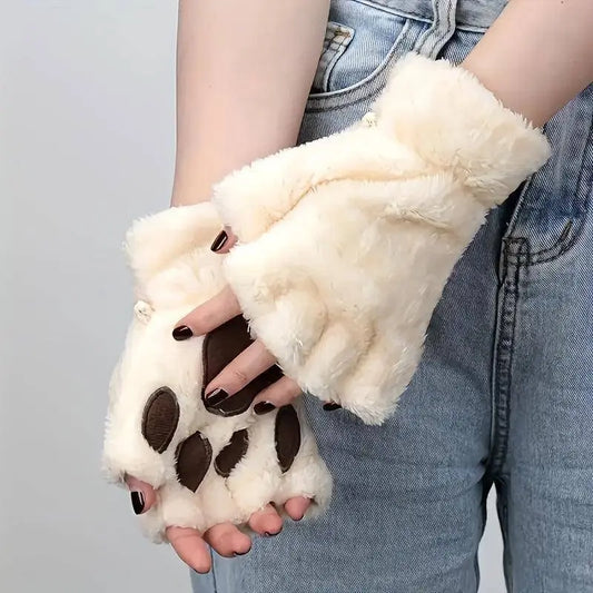 New Autumn And Winter Thickened Plush Warm Half Finger Gloves, Cat Claw Plush Gloves, Autumn And Winter Soft And Comfortable Cold Resistant Gloves SS69 7.69 Beige Color