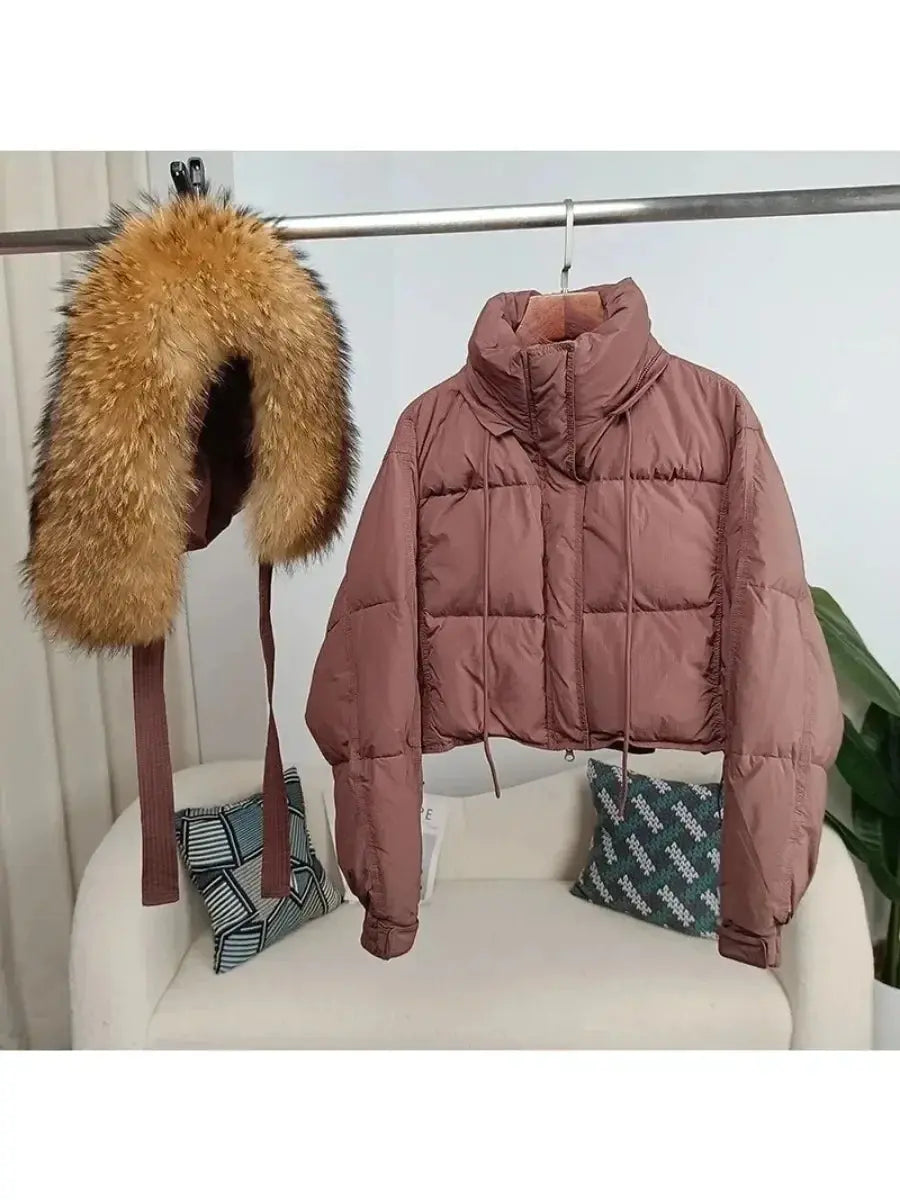New Duck Down Loose Winter Jacket Women Real Fox Fur Raccoon Fur Collar Hooded Thick Warm Streetwear Outerwear Detachable SS69