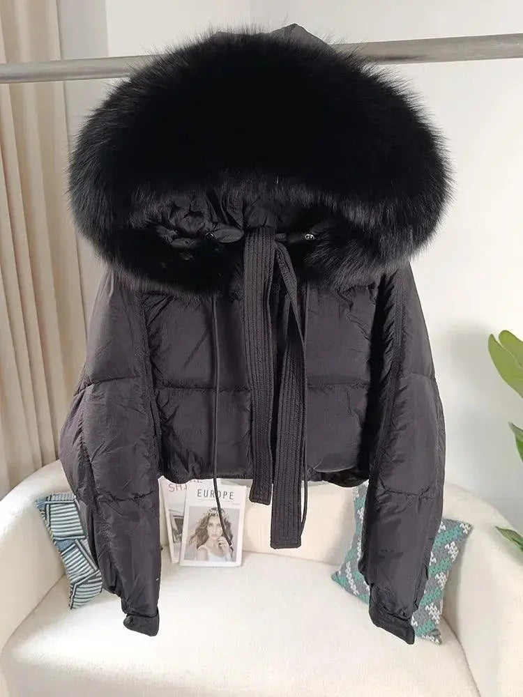 New Duck Down Loose Winter Jacket Women Real Fox Fur Raccoon Fur Collar Hooded Thick Warm Streetwear Outerwear Detachable - SS69