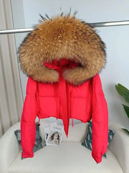 New Duck Down Loose Winter Jacket Women Real Fox Fur Raccoon Fur Collar Hooded Thick Warm Streetwear Outerwear Detachable - SS69