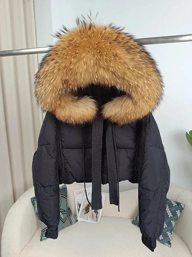 New Duck Down Loose Winter Jacket Women Real Fox Fur Raccoon Fur Collar Hooded Thick Warm Streetwear Outerwear Detachable - SS69