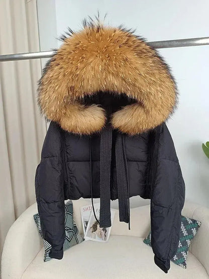 New Duck Down Loose Winter Jacket Women Real Fox Fur Raccoon Fur Collar Hooded Thick Warm Streetwear Outerwear Detachable - SS69