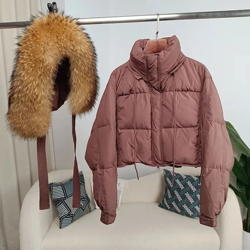 New Duck Down Loose Winter Jacket Women Real Fox Fur Raccoon Fur Collar Hooded Thick Warm Streetwear Outerwear Detachable SS69