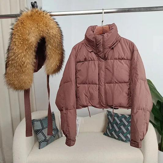 New Duck Down Loose Winter Jacket Women Real Fox Fur Raccoon Fur Collar Hooded Thick Warm Streetwear Outerwear Detachable SS69