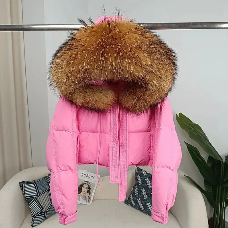 New Duck Down Loose Winter Jacket Women Real Fox Fur Raccoon Fur Collar Hooded Thick Warm Streetwear Outerwear Detachable SS69