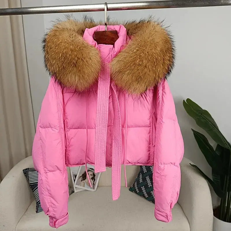 New Duck Down Loose Winter Jacket Women Real Fox Fur Raccoon Fur Collar Hooded Thick Warm Streetwear Outerwear Detachable SS69