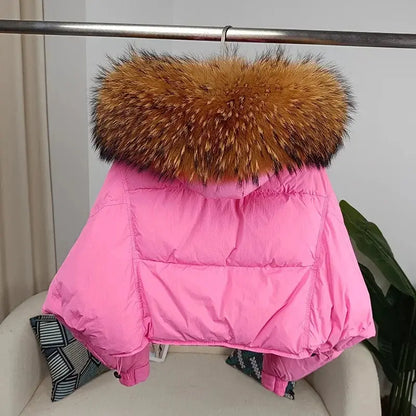 New Duck Down Loose Winter Jacket Women Real Fox Fur Raccoon Fur Collar Hooded Thick Warm Streetwear Outerwear Detachable SS69