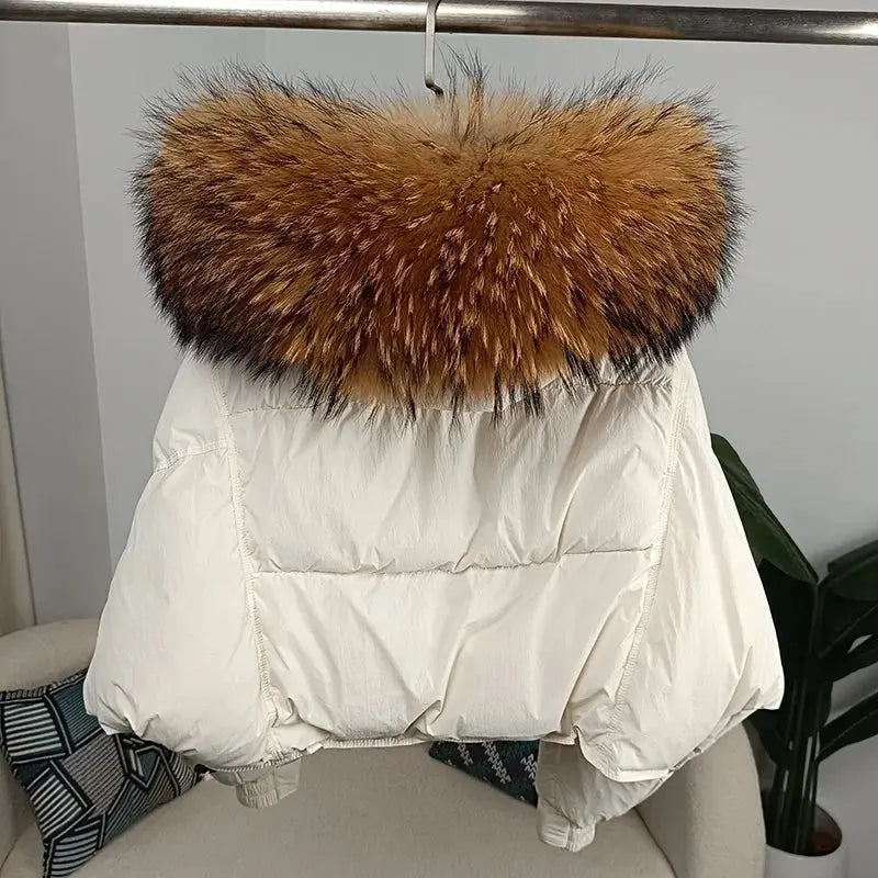 New Duck Down Loose Winter Jacket Women Real Fox Fur Raccoon Fur Collar Hooded Thick Warm Streetwear Outerwear Detachable SS69