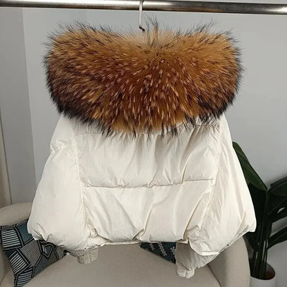 New Duck Down Loose Winter Jacket Women Real Fox Fur Raccoon Fur Collar Hooded Thick Warm Streetwear Outerwear Detachable SS69