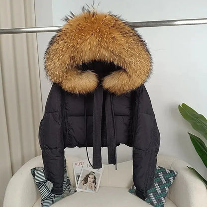 New Duck Down Loose Winter Jacket Women Real Fox Fur Raccoon Fur Collar Hooded Thick Warm Streetwear Outerwear Detachable SS69
