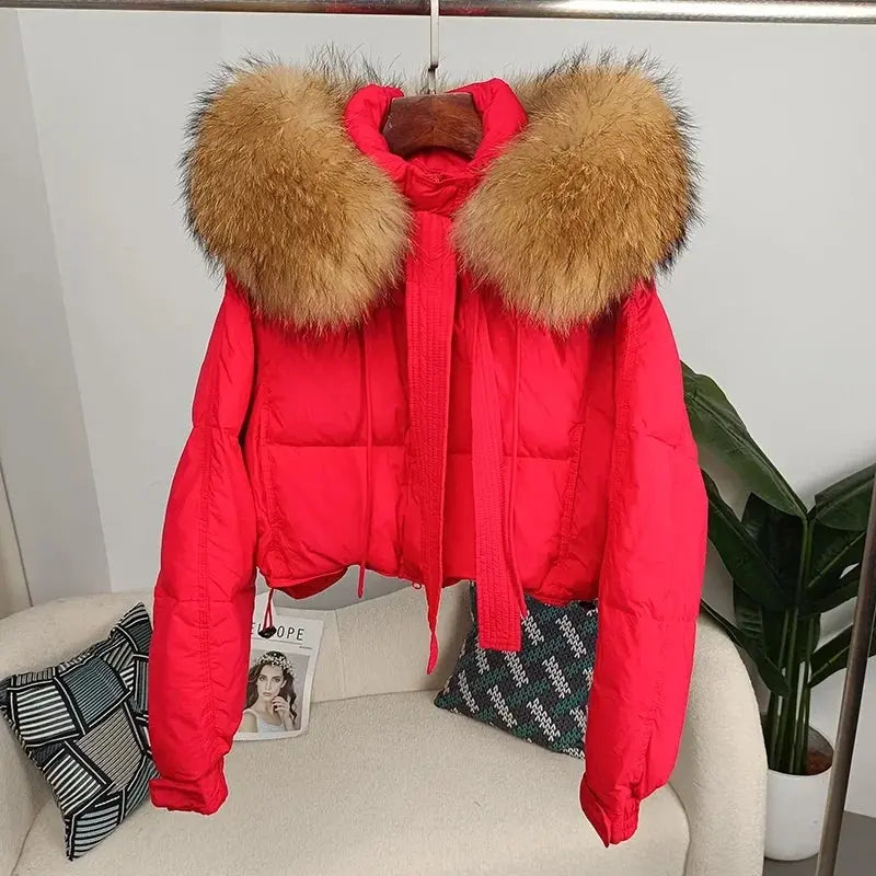 New Duck Down Loose Winter Jacket Women Real Fox Fur Raccoon Fur Collar Hooded Thick Warm Streetwear Outerwear Detachable SS69