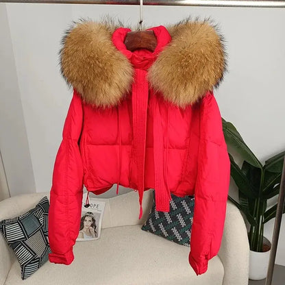 New Duck Down Loose Winter Jacket Women Real Fox Fur Raccoon Fur Collar Hooded Thick Warm Streetwear Outerwear Detachable SS69