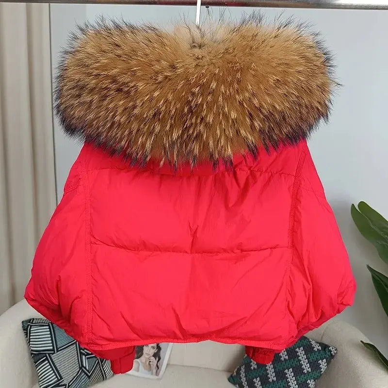 New Duck Down Loose Winter Jacket Women Real Fox Fur Raccoon Fur Collar Hooded Thick Warm Streetwear Outerwear Detachable SS69