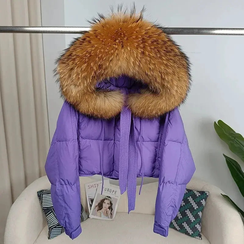 New Duck Down Loose Winter Jacket Women Real Fox Fur Raccoon Fur Collar Hooded Thick Warm Streetwear Outerwear Detachable SS69