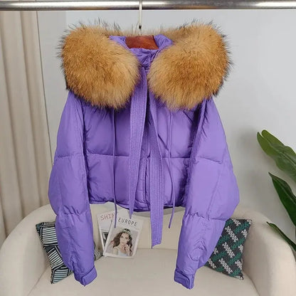 New Duck Down Loose Winter Jacket Women Real Fox Fur Raccoon Fur Collar Hooded Thick Warm Streetwear Outerwear Detachable SS69