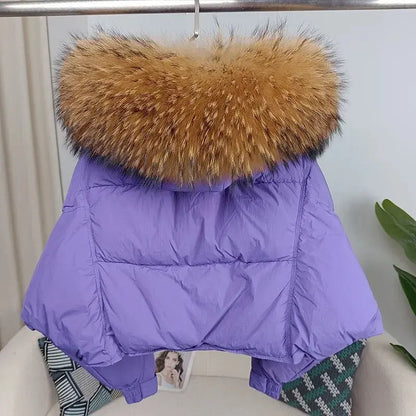 New Duck Down Loose Winter Jacket Women Real Fox Fur Raccoon Fur Collar Hooded Thick Warm Streetwear Outerwear Detachable SS69