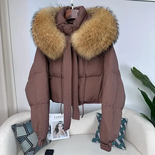New Duck Down Loose Winter Jacket Women Real Fox Fur Raccoon Fur Collar Hooded Thick Warm Streetwear Outerwear Detachable SS69