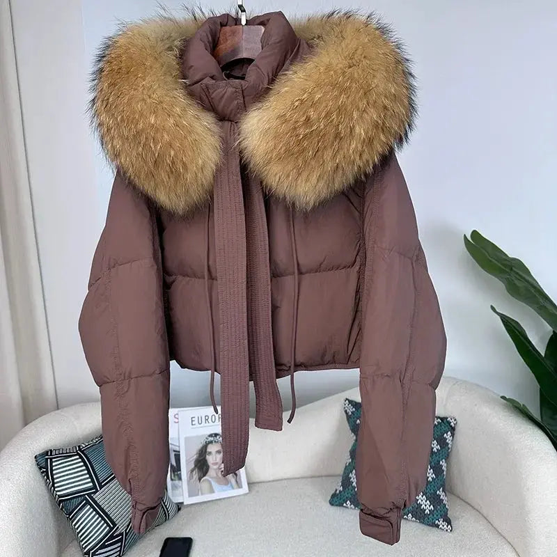 New Duck Down Loose Winter Jacket Women Real Fox Fur Raccoon Fur Collar Hooded Thick Warm Streetwear Outerwear Detachable SS69