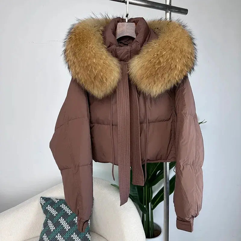 New Duck Down Loose Winter Jacket Women Real Fox Fur Raccoon Fur Collar Hooded Thick Warm Streetwear Outerwear Detachable SS69