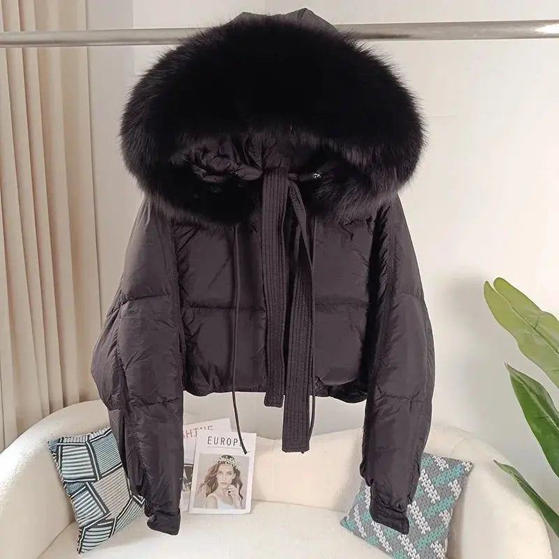 New Duck Down Loose Winter Jacket Women Real Fox Fur Raccoon Fur Collar Hooded Thick Warm Streetwear Outerwear Detachable SS69