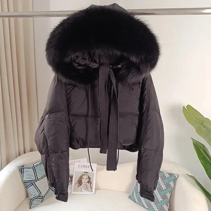 New Duck Down Loose Winter Jacket Women Real Fox Fur Raccoon Fur Collar Hooded Thick Warm Streetwear Outerwear Detachable SS69