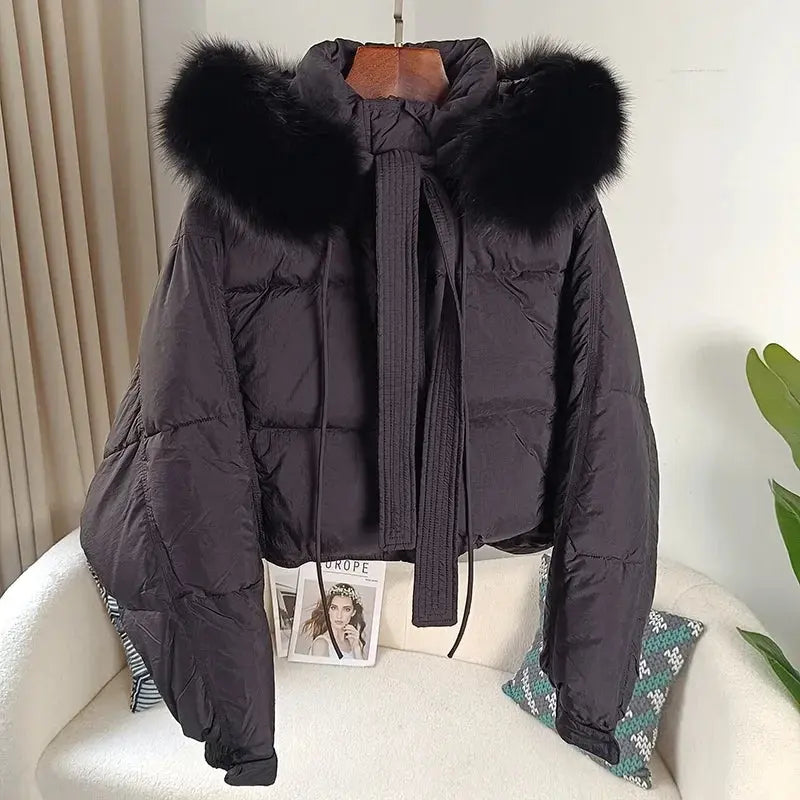 New Duck Down Loose Winter Jacket Women Real Fox Fur Raccoon Fur Collar Hooded Thick Warm Streetwear Outerwear Detachable SS69