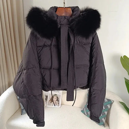 New Duck Down Loose Winter Jacket Women Real Fox Fur Raccoon Fur Collar Hooded Thick Warm Streetwear Outerwear Detachable SS69