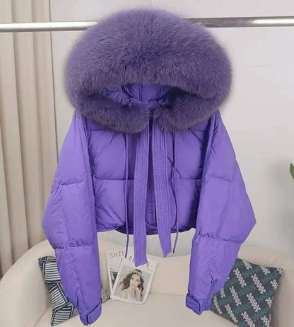 New Duck Down Loose Winter Jacket Women Real Fox Fur Raccoon Fur Collar Hooded Thick Warm Streetwear Outerwear Detachable SS69