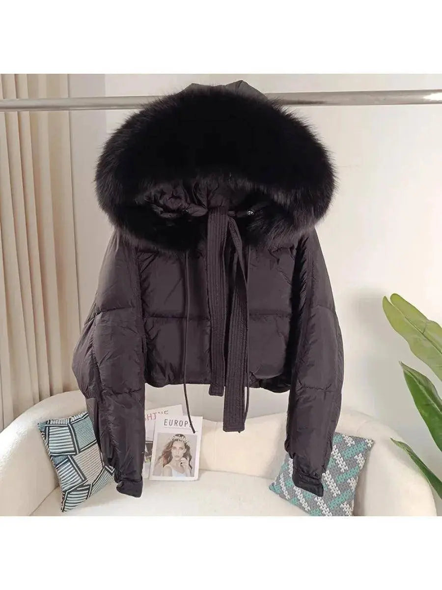 New Duck Down Loose Winter Jacket Women Real Fox Fur Raccoon Fur Collar Hooded Thick Warm Streetwear Outerwear Detachable SS69