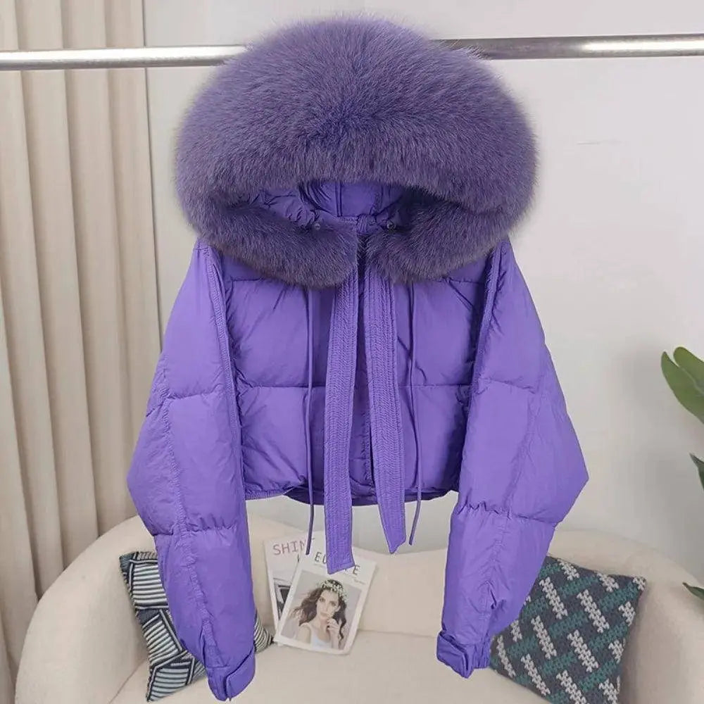 New Duck Down Loose Winter Jacket Women Real Fox Fur Raccoon Fur Collar Hooded Thick Warm Streetwear Outerwear Detachable SS69