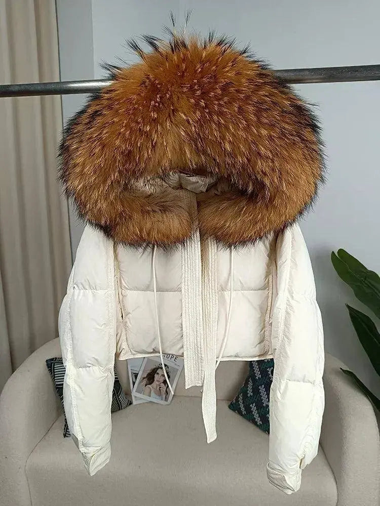 New Duck Down Loose Winter Jacket Women Real Fox Fur Raccoon Fur Collar Hooded Thick Warm Streetwear Outerwear Detachable SS69