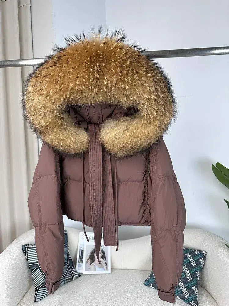 New Duck Down Loose Winter Jacket Women Real Fox Fur Raccoon Fur Collar Hooded Thick Warm Streetwear Outerwear Detachable SS69