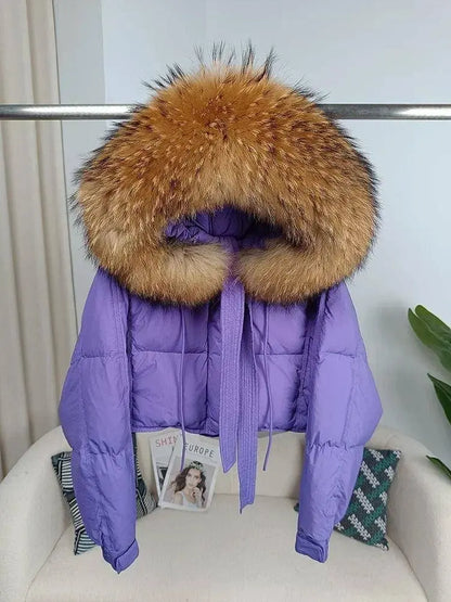 New Duck Down Loose Winter Jacket Women Real Fox Fur Raccoon Fur Collar Hooded Thick Warm Streetwear Outerwear Detachable SS69