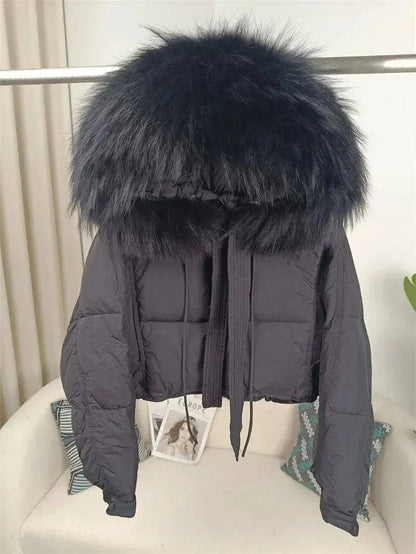 New Duck Down Loose Winter Jacket Women Real Fox Fur Raccoon Fur Collar Hooded Thick Warm Streetwear Outerwear Detachable SS69