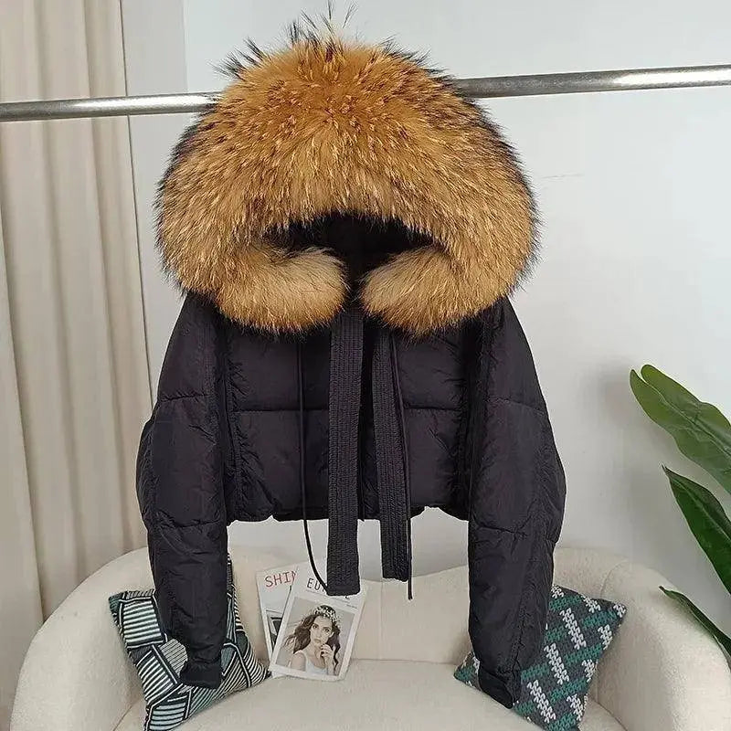 New Duck Down Loose Winter Jacket Women Real Fox Fur Raccoon Fur Collar Hooded Thick Warm Streetwear Outerwear Detachable SS69