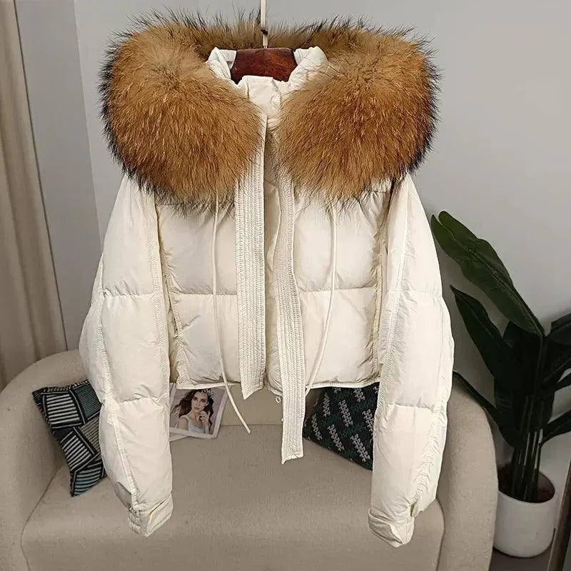 New Duck Down Loose Winter Jacket Women Real Fox Fur Raccoon Fur Collar Hooded Thick Warm Streetwear Outerwear Detachable SS69