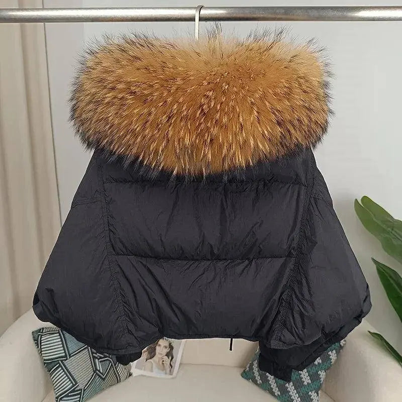 New Duck Down Loose Winter Jacket Women Real Fox Fur Raccoon Fur Collar Hooded Thick Warm Streetwear Outerwear Detachable SS69
