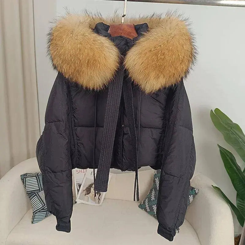 New Duck Down Loose Winter Jacket Women Real Fox Fur Raccoon Fur Collar Hooded Thick Warm Streetwear Outerwear Detachable SS69