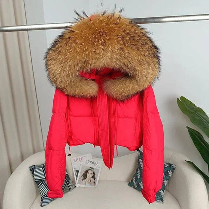 New Duck Down Loose Winter Jacket Women Real Fox Fur Raccoon Fur Collar Hooded Thick Warm Streetwear Outerwear Detachable SS69
