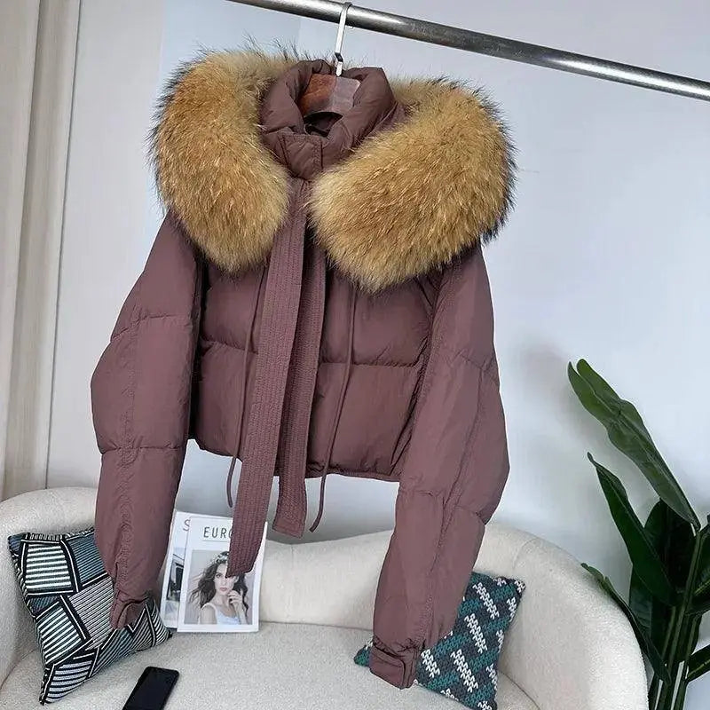 New Duck Down Loose Winter Jacket Women Real Fox Fur Raccoon Fur Collar Hooded Thick Warm Streetwear Outerwear Detachable SS69