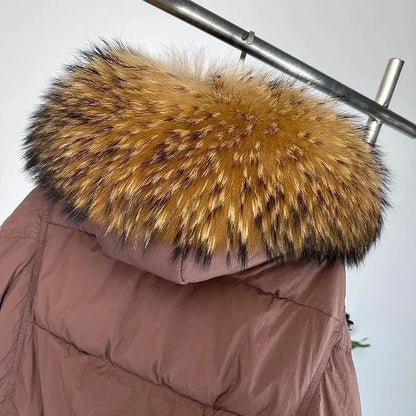 New Duck Down Loose Winter Jacket Women Real Fox Fur Raccoon Fur Collar Hooded Thick Warm Streetwear Outerwear Detachable SS69