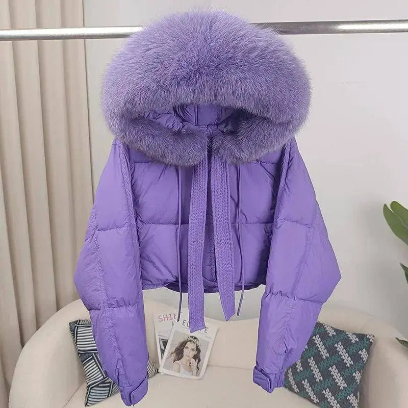 New Duck Down Loose Winter Jacket Women Real Fox Fur Raccoon Fur Collar Hooded Thick Warm Streetwear Outerwear Detachable SS69