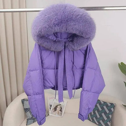 New Duck Down Loose Winter Jacket Women Real Fox Fur Raccoon Fur Collar Hooded Thick Warm Streetwear Outerwear Detachable SS69