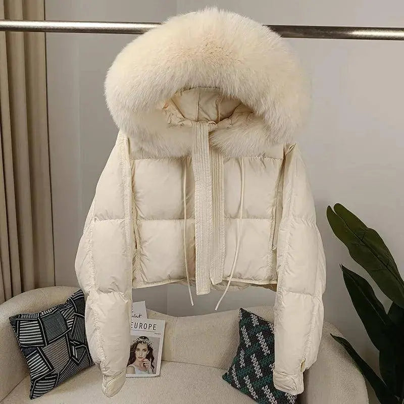 New Duck Down Loose Winter Jacket Women Real Fox Fur Raccoon Fur Collar Hooded Thick Warm Streetwear Outerwear Detachable SS69
